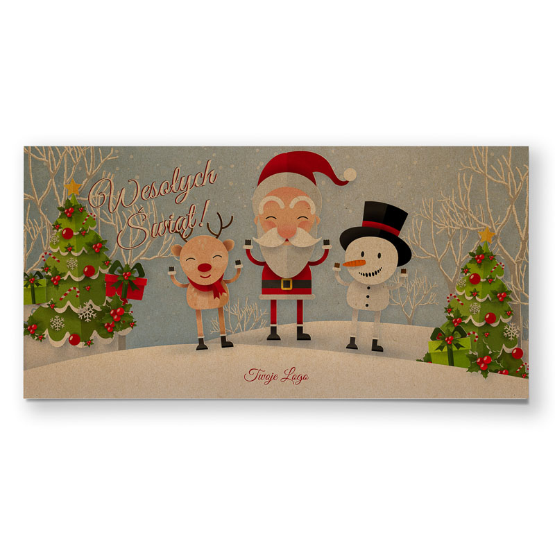 Śmieszne kartki na Święta Bożego Narodzenia z Mikołajem i reniferem i bałwankiem